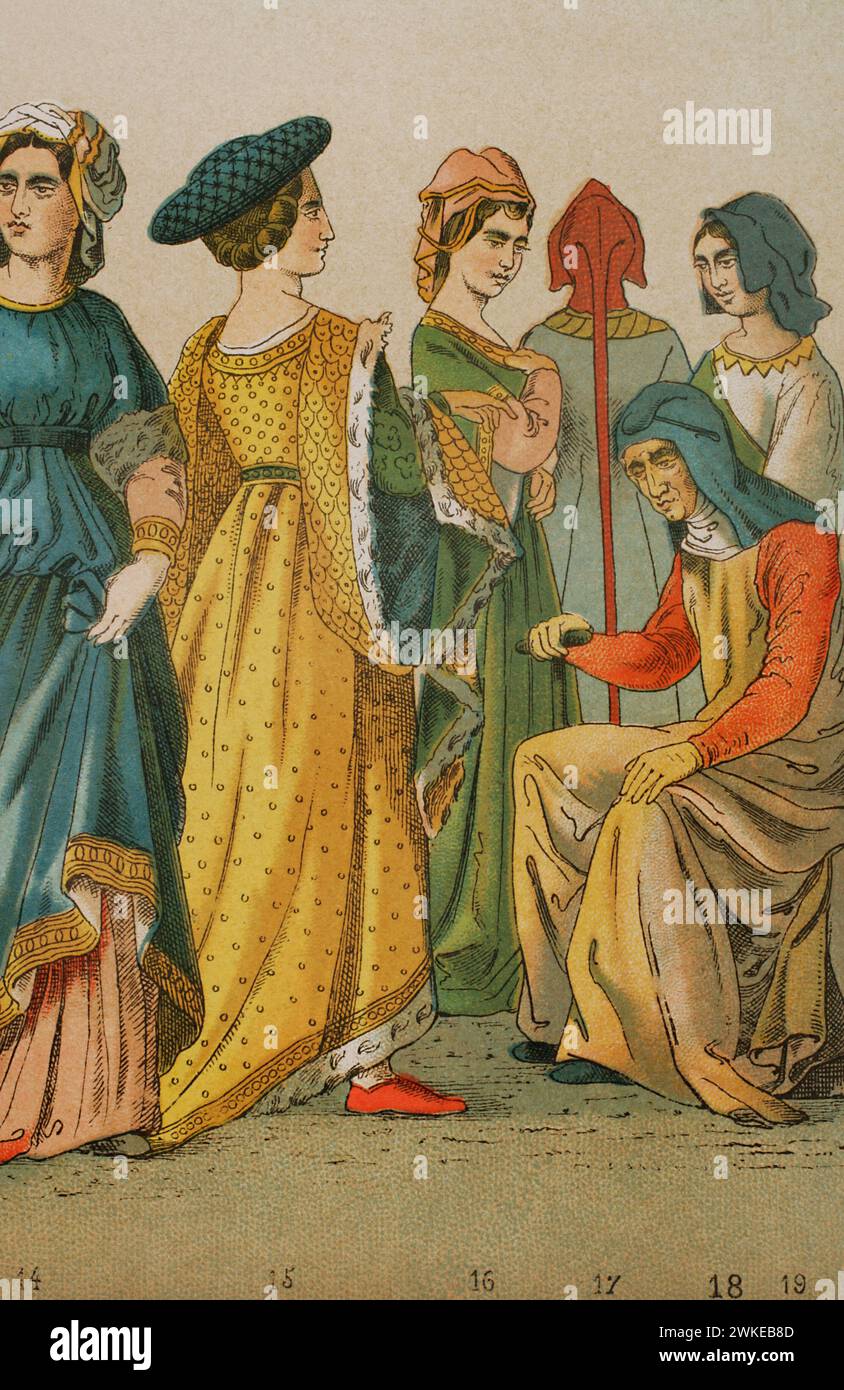 History of Italy. 1300. From left to right, 14-15-16: dames, 17-18-19: middle and lower class women. Chromolithography. 'Historia Universal', by César Cantú. Volume VI, 1885. Stock Photo