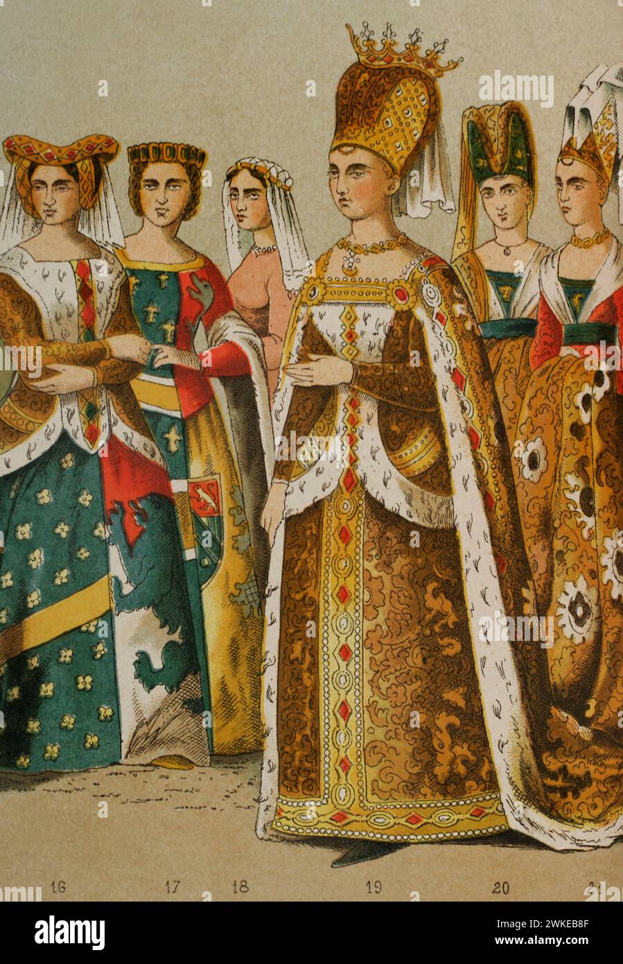 History of France. 1300. From left to right, 16: lady, 17: princess, 18: lady, 19-20-21: Isabella of Bavaria (wife of King Charles VI) and ladies of her retinue. Chromolithography. Detail. 'Historia Universal', by César Cantú. Volume VI, 1885. Stock Photo