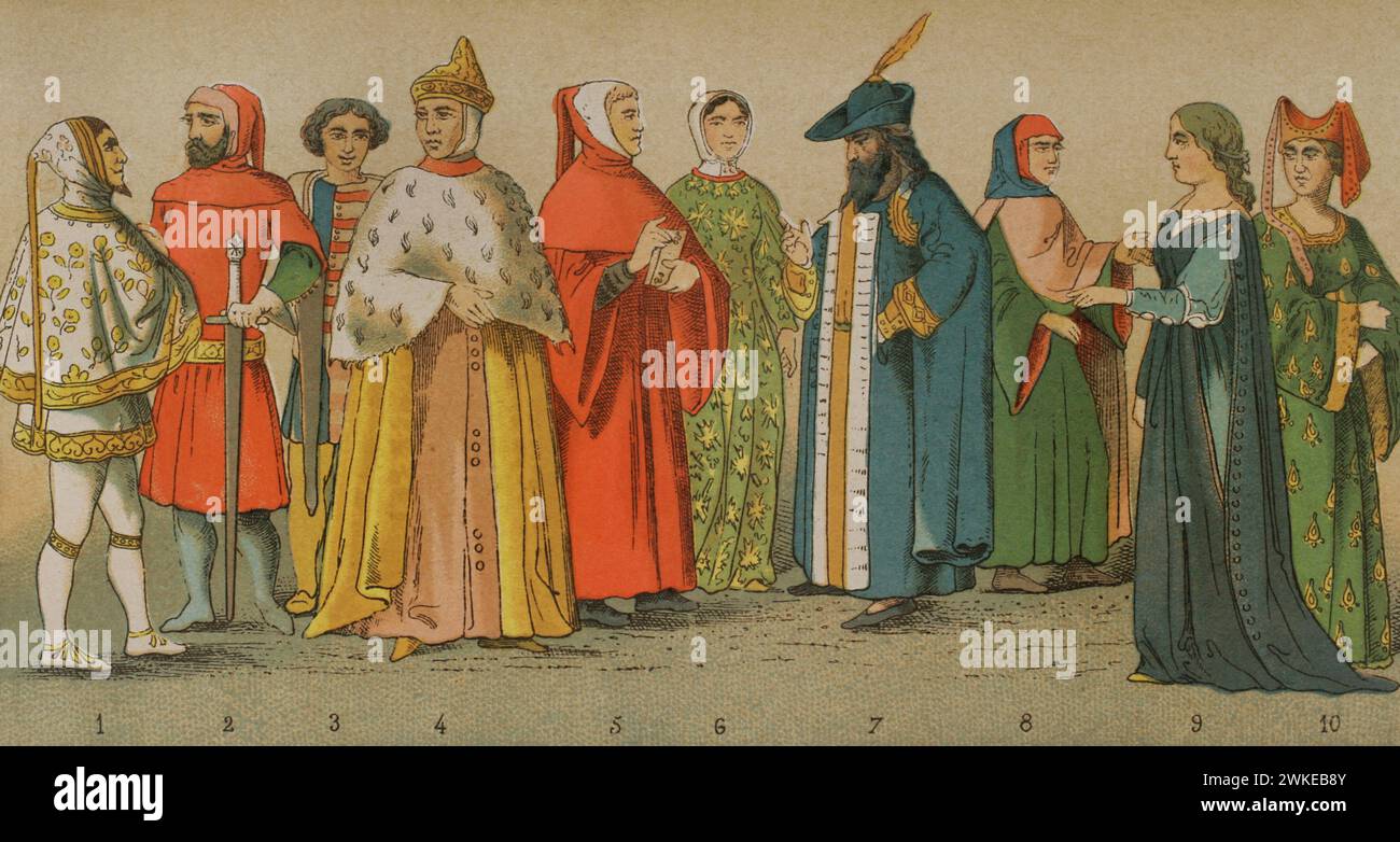 History of Italy. 1300. From left to right, 1: Cimabue (1240-1302), 2-3: distinguished men, 4: Doge of Venice, 5: Petrarch (1304-1374), 6: Laura (woman idealised by Petrarch in his poems), 7: distinguished man, 8: magistrate, 9 -10: dames. Chromolithography. 'Historia Universal', by César Cantú. Volume VI, 1885. Stock Photo