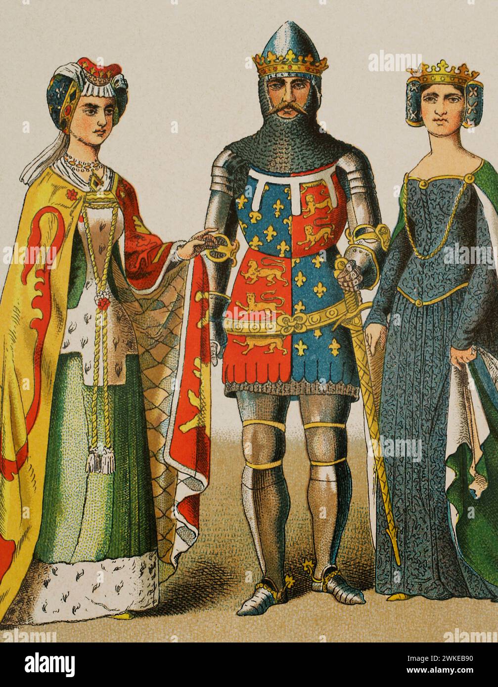 History of England. 14th century. From left to right: lady, Edward of Woodstock (1330-1376), called 'the Black Prince', and Philippa of Hainaut (1314-1369), Queen consort of England (1328-1369). Chromolithography. 'Historia Universal', by César Cantú. Volume VI, 1885. Stock Photo