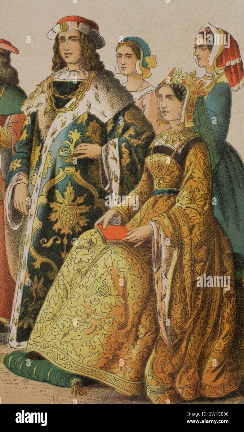 King Henry VI of England (1421-1471) and his wife, Queen consort Margaret of Anjou (1430-1482). Chromolithography. 'Historia Universal', by César Cantú. Volume VI, 1885. Stock Photo
