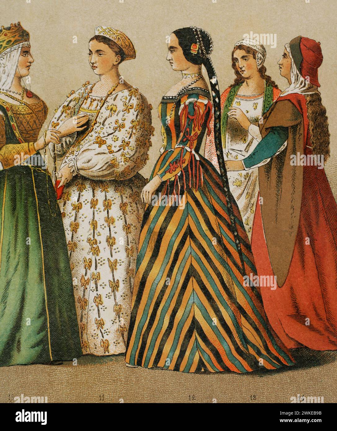 History of Italy. 1400. Queen of Cyprus and ladies of the nobility. Chromolithography. 'Historia Universal', by César Cantú. Volume VI, 1885. Stock Photo