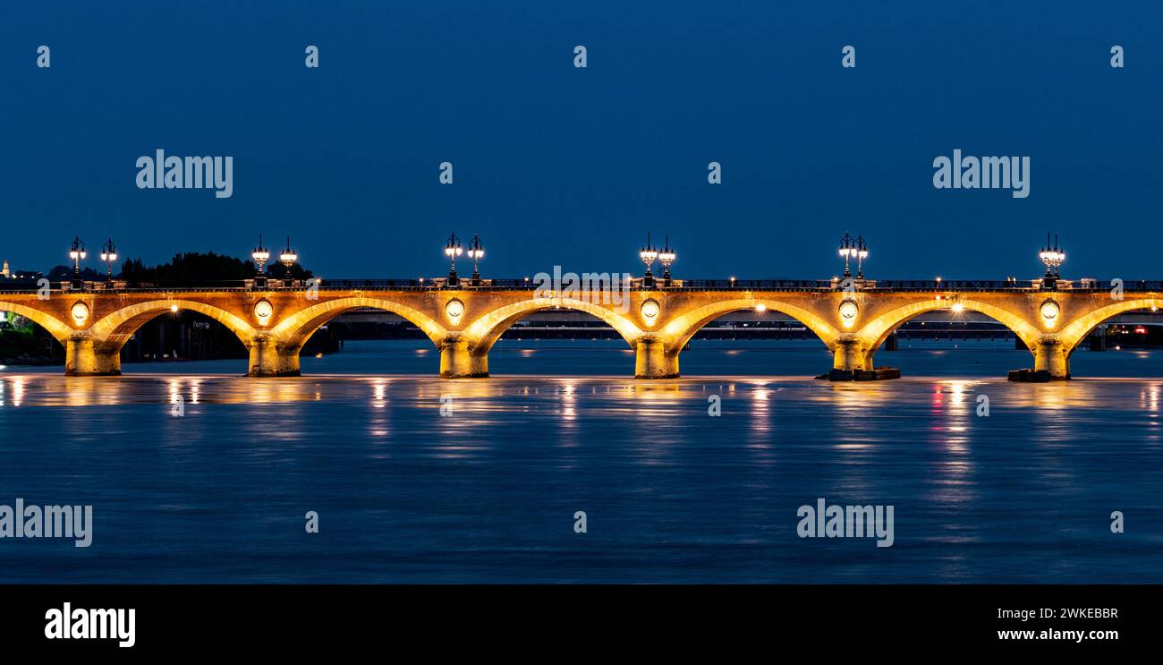 Bridge in Bordeaux at night with lights on Stock Photo