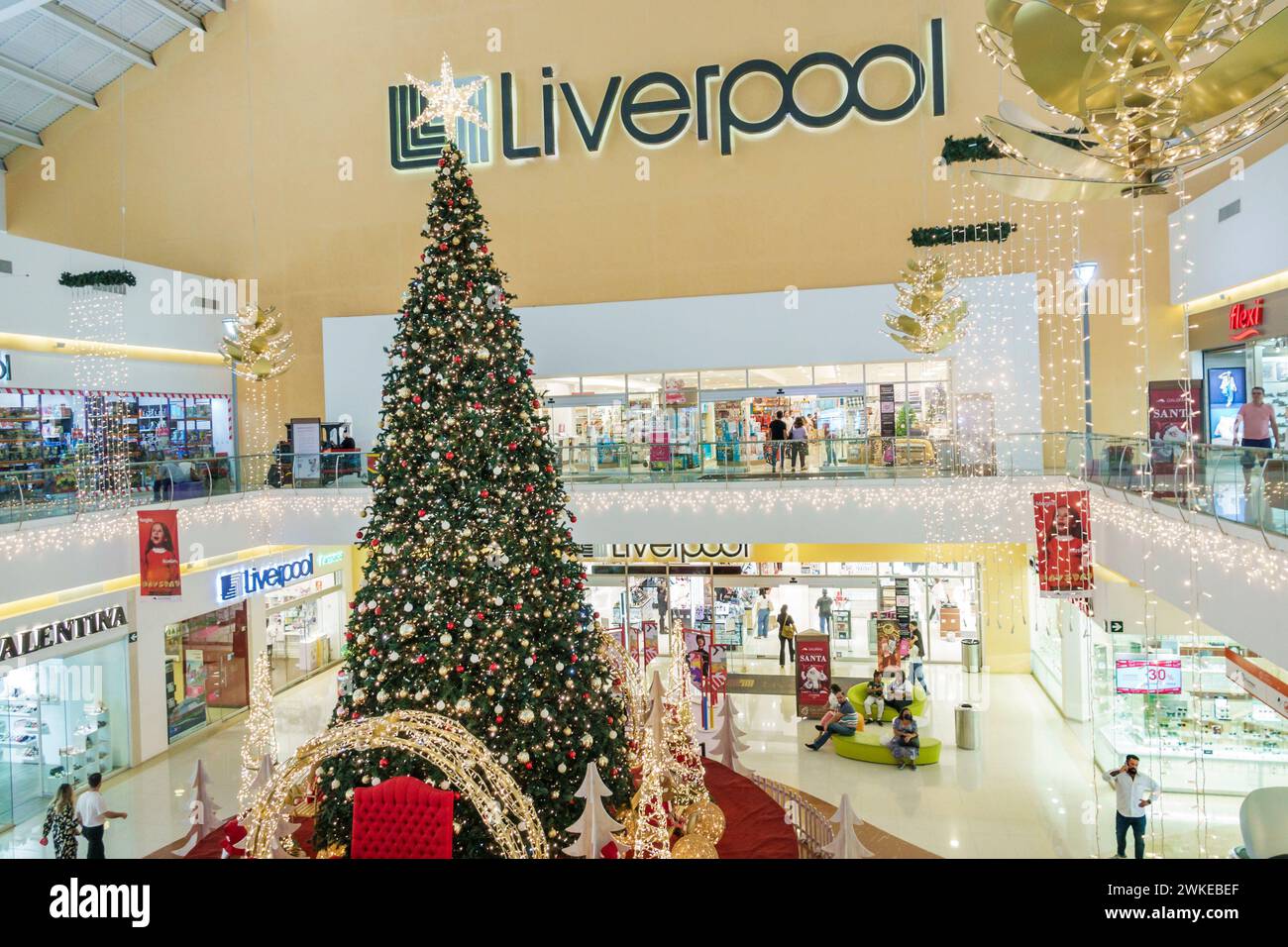 Merida Mexico,Zona Industrial,Galerias Merida shopping mall atrium,inside interior,Christmas tree decorated ornaments,Liverpool department store store Stock Photo