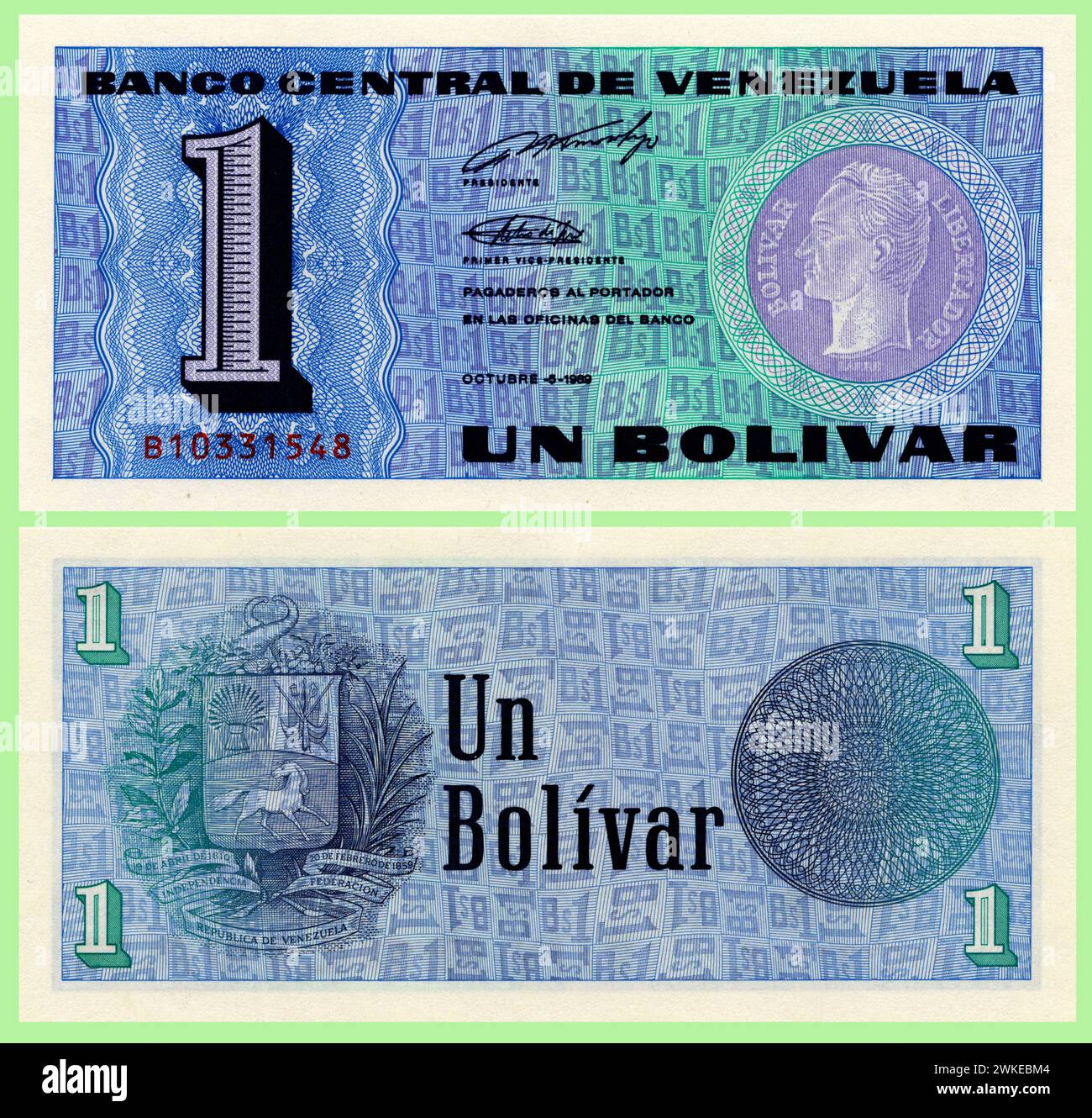 América. Venezuela. Billete de un bolívar emitido por el Banco Central 
