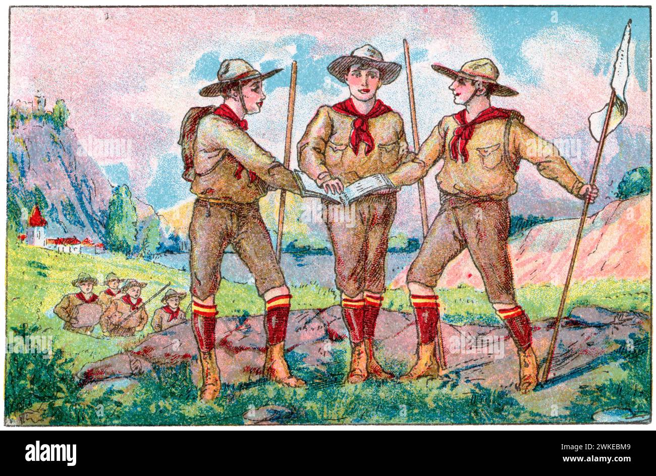 Colección de cromos de los Exploradores españoles (boy scouts). Jóvenes exploradores prometiendo obediencia al código de los boy-scouts. Años 1930. Stock Photo