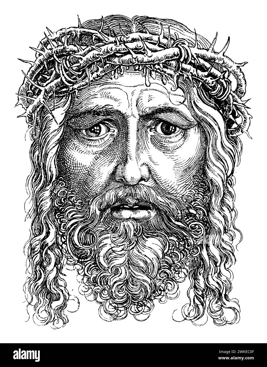 Cabeza de Jesucristo con la corona de espinas. Grabado de 1888. Author: Albrecht Dürer. Stock Photo