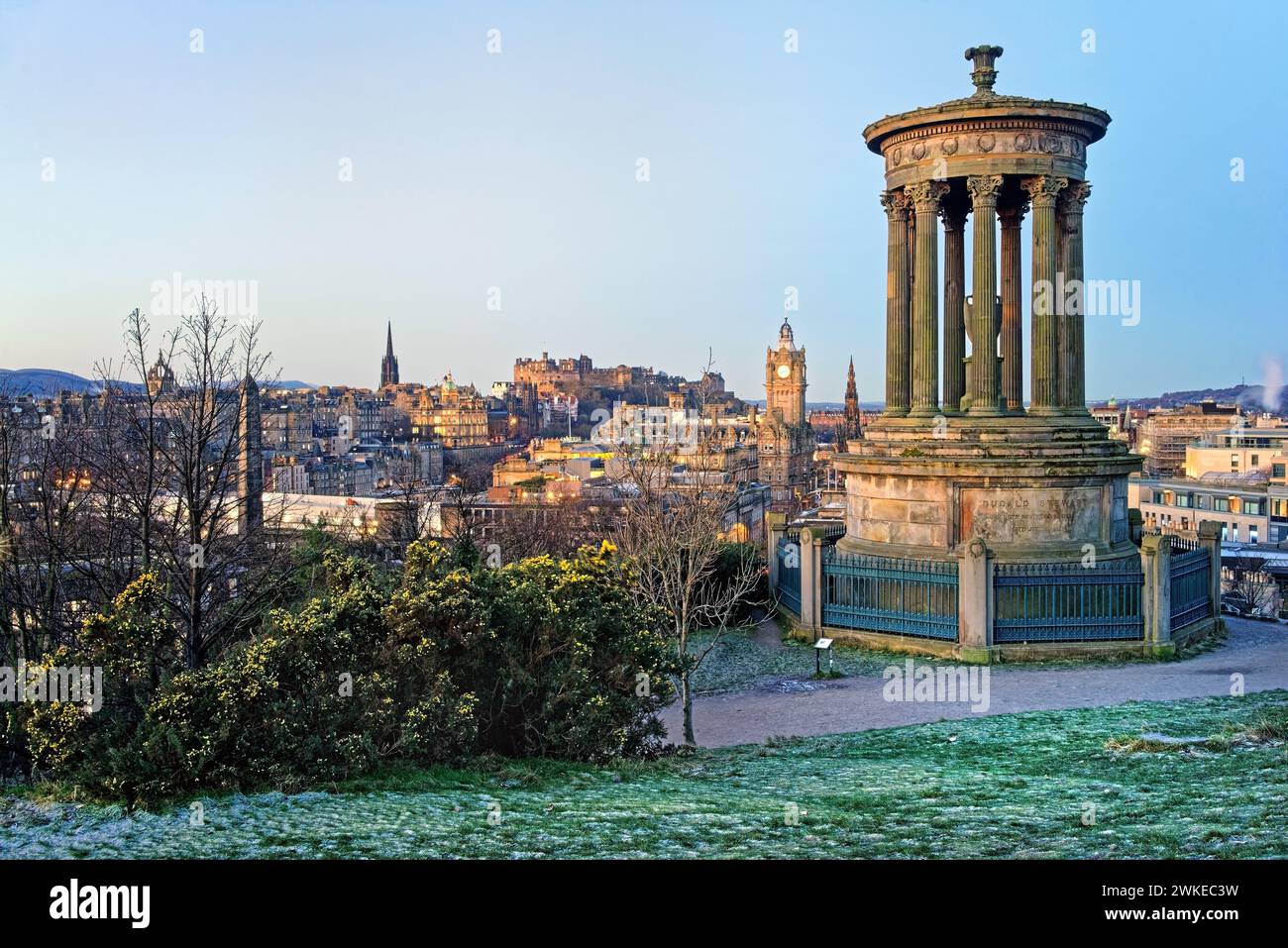 UK, Scotland, Edinburgh, Calton Hill, Dugald Stewart Monument and Edinburgh Skyline. Stock Photo
