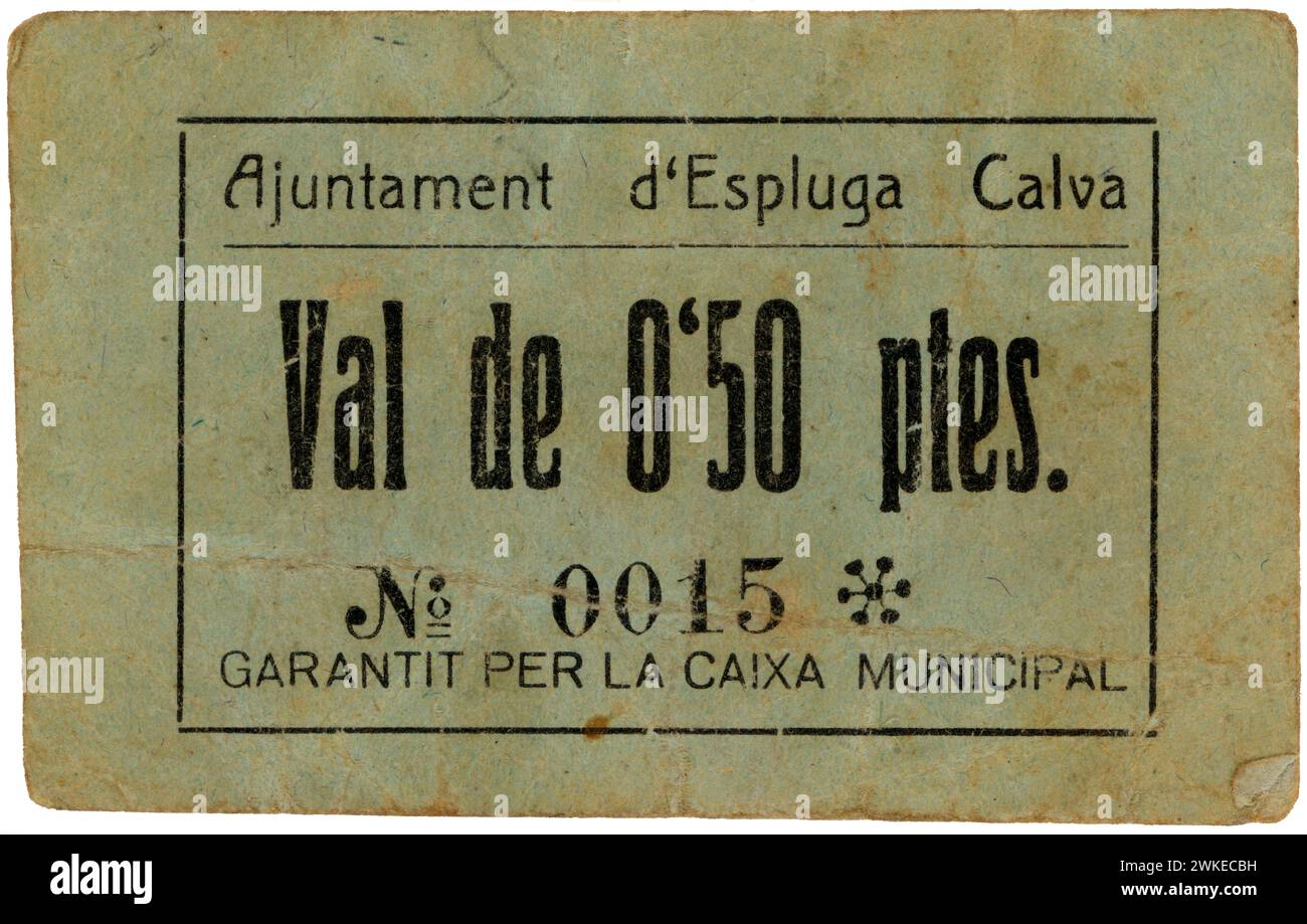 Catalunya. Guerra civil española (1936-1939). Papel moneda expedido por el Ayuntamiento de Espluga Calva por valor de cincuenta céntimos. Stock Photo