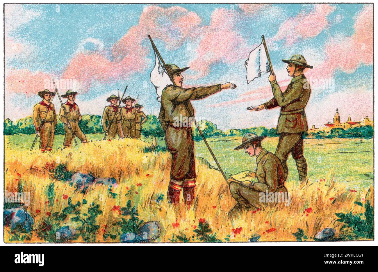 Colección de cromos de los Exploradores españoles (boy scouts). Jóvenes exploradores expresan su compromiso con el cumplimiento de las normas de los boy-scouts. Años 1930. Stock Photo