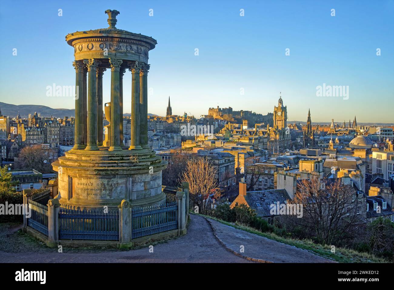 UK, Scotland, Edinburgh, Calton Hill, Dugald Stewart Monument and Edinburgh Skyline. Stock Photo