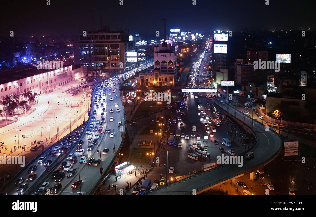 A busy road in Cairo at night seen from a high building Stock Photo