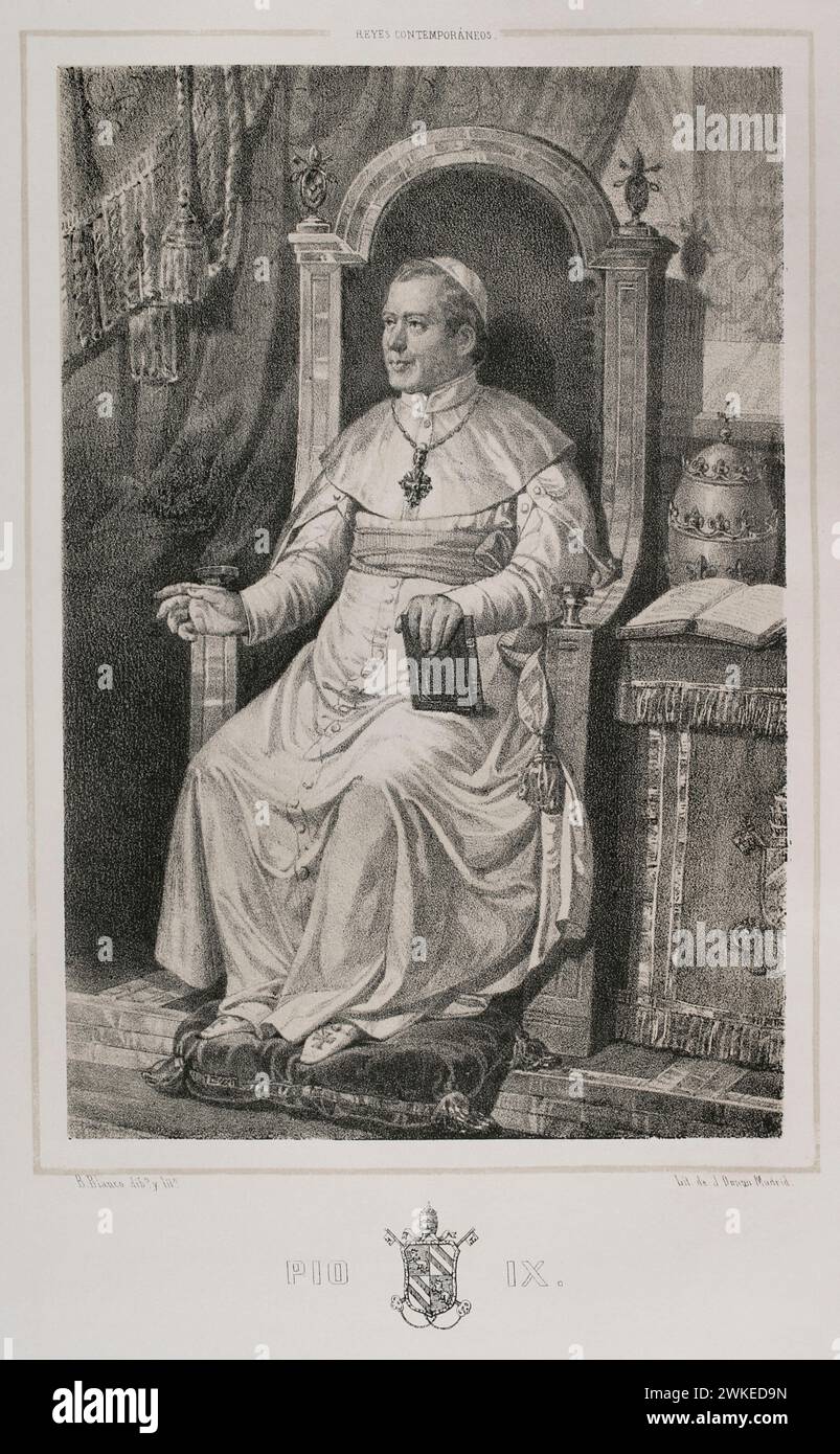 Pius IX (1792-1878). Italian pope (1846-1878), born Giovanni Maria Mastai Ferretti. Portrait. Drawing by B. Blanco. Lithography by J. Donón. 'Reyes Contemporáneos' (Contemporary Kings). Volume II. Published in Madrid, 1852. Author: Julio Donón. Spanish artist active from 1840 to 1880. Bernardo Blanco (1828-1876). Spanish painter and lithographer. Stock Photo