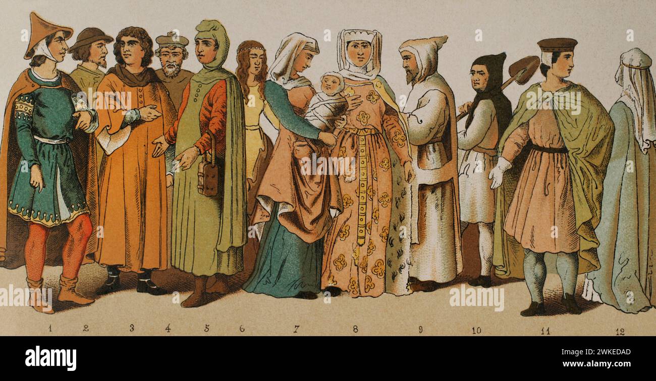 History of France. 1200. From left to right, 1-2-3-4-5-6-7: ordinary people dresses, 8: princess, 9: Carthusian, 10: Trappist friar, 11: nobleman, 12: noblewoman. Chromolithography. 'Historia Universal', by César Cantú. Volume VI, 1885. Stock Photo