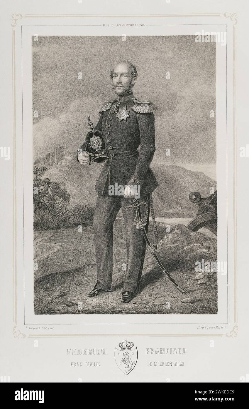 Frederick Francis II (1823-1883). Grand Duke of Mecklenburg-Schwerin (1842-1883). Portrait. Drawing by C. Legrand. Lithography by J. Donón. 'Reyes Contemporáneos' (Contemporary Kings). Volume II. Published in Madrid, 1852. Author: Julio Donón. Spanish artist active from 1840 to 1880. Luis Carlos Legrand (fl. 1829-1858). Spanish draughtsman and lithographer. Stock Photo