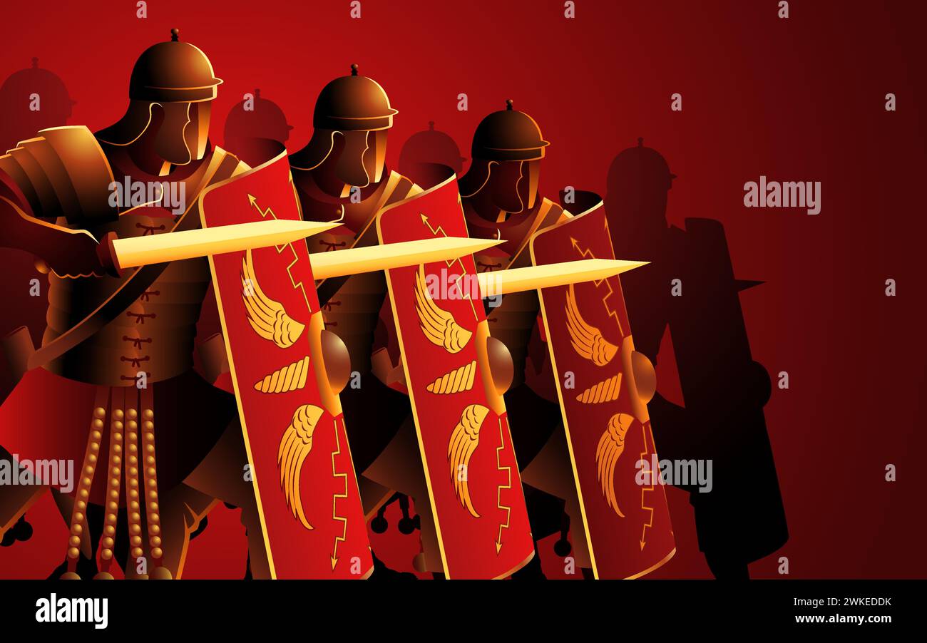 Step into history with this image, showcasing ancient Roman legionaries in battle-ready stances, prepared for conquest Stock Vector