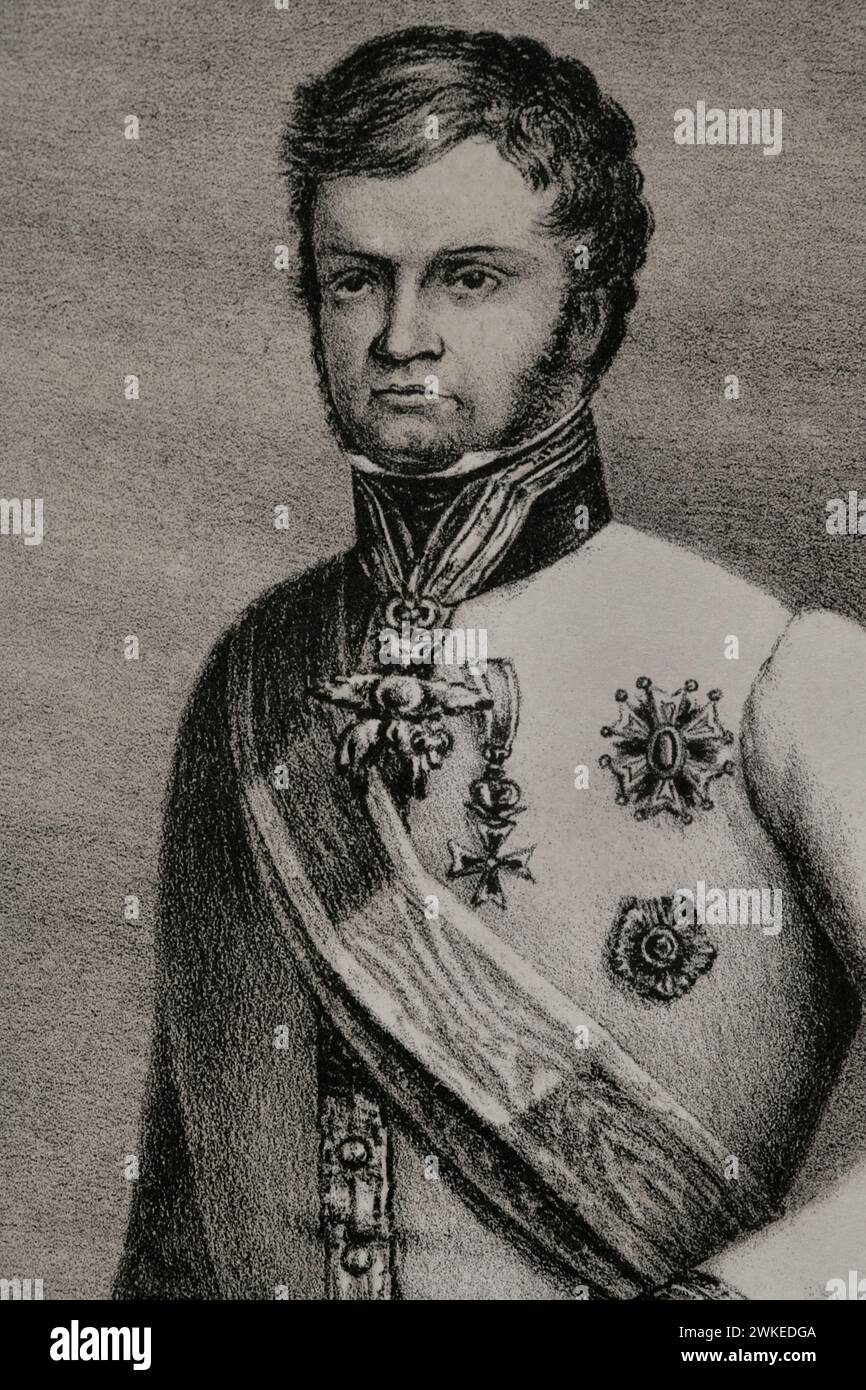 Leopold II (1797-1870). Grand Duke of Tuscany (1824-1859). Portrait. Drawing by M. Iglesias. Detail. Lithography by J. Donón. 'Reyes Contemporáneos' (Contemporary Kings). Volume II. Published in Madrid, 1852. Author: Julio Donón. Spanish artist active from 1840 to 1880. Manuel Iglesias y Domínguez. 19th-century Spanish painter. Stock Photo