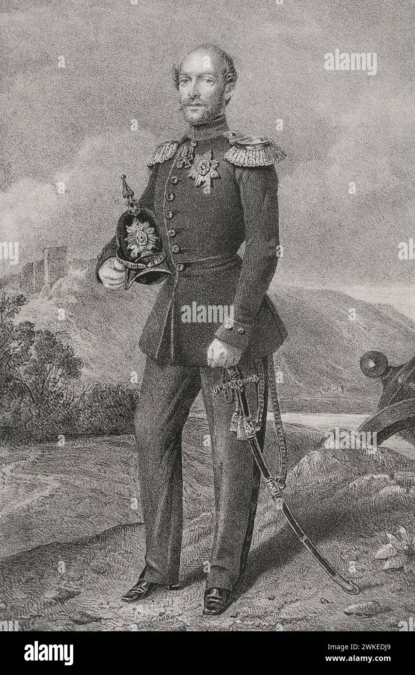 Frederick Francis II (1823-1883). Grand Duke of Mecklenburg-Schwerin (1842-1883). Portrait. Drawing by C. Legrand. Lithography by J. Donón. 'Reyes Contemporáneos' (Contemporary Kings). Volume II. Published in Madrid, 1852. Author: Julio Donón. Spanish artist active from 1840 to 1880. Luis Carlos Legrand (fl. 1829-1858). Spanish draughtsman and lithographer. Stock Photo