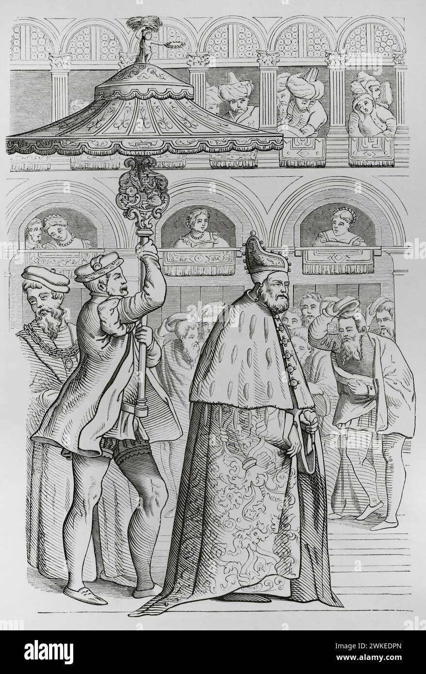 Grand procession of the Doge of Venice. Reproduction of a 16th-century engraving by Jost Amman. 'Moeurs, Usages Et Costumes Au Moyen Age et a L'Epoque de la Renaissance.' Paris, 1878. Stock Photo