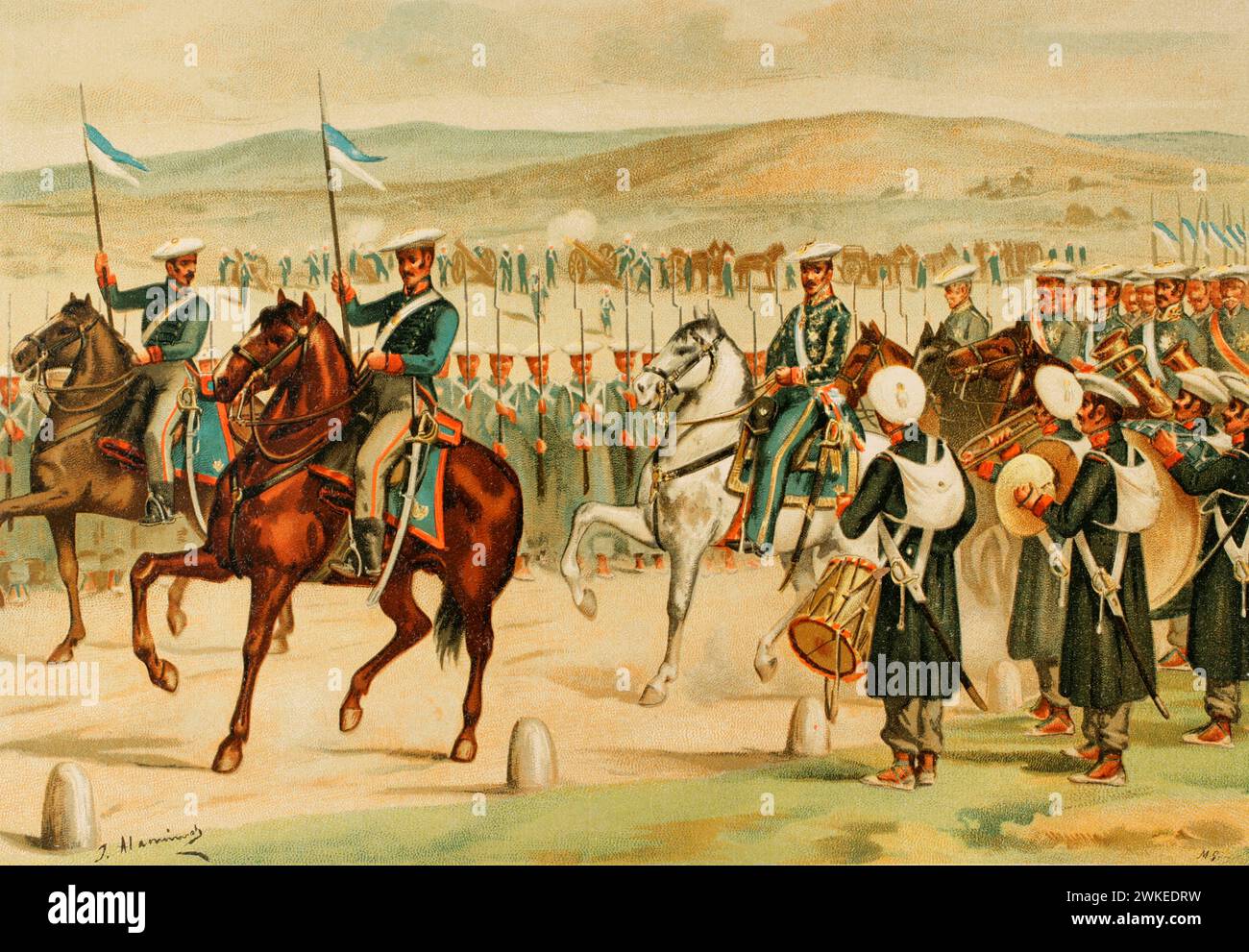 History of Spain. Carlos María Isidro de Borbón (1788-1855), known as Don Carlos. Infante of Spain, the first Carlist pretender to the Spanish throne as Carlos V. First Carlist War (1833-1840). Don Carlos reviewing his troops in Amurrio (Alava). The review took place on 1 December 1837, forming a division composed of thirteen battalions of five hundred soldiers each, along the camino real (royal road) to Bilbao. Don Carlos was accompanied by the Infante Don Sebastián. Illustration by J. Alaminos. Chromolithography. 'Historia de la Guerra Civil y de los Partidos Liberal y Carlista' (History of Stock Photo