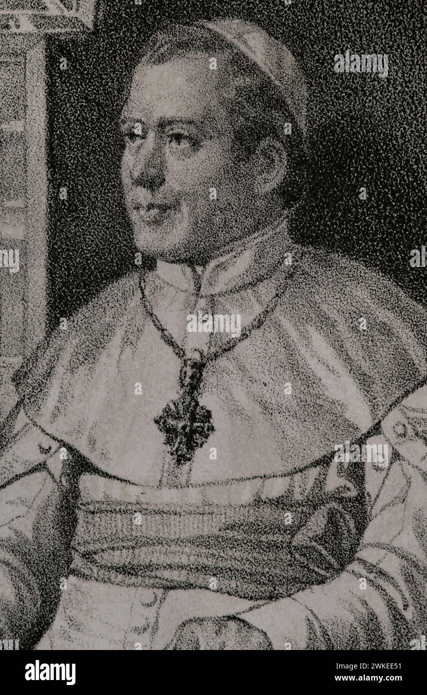 Pius IX (1792-1878). Italian pope (1846-1878), born Giovanni Maria Mastai Ferretti. Portrait. Drawing by B. Blanco. Lithography by J. Donón. Detail. 'Reyes Contemporáneos' (Contemporary Kings). Volume II. Published in Madrid, 1852. Author: Julio Donón. Spanish artist active from 1840 to 1880. Bernardo Blanco (1828-1876). Spanish painter and lithographer. Stock Photo
