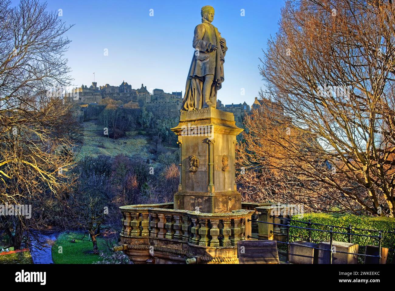 UK, Scotland, Allan Ramsay Monument and Edinburgh Castle Stock Photo ...