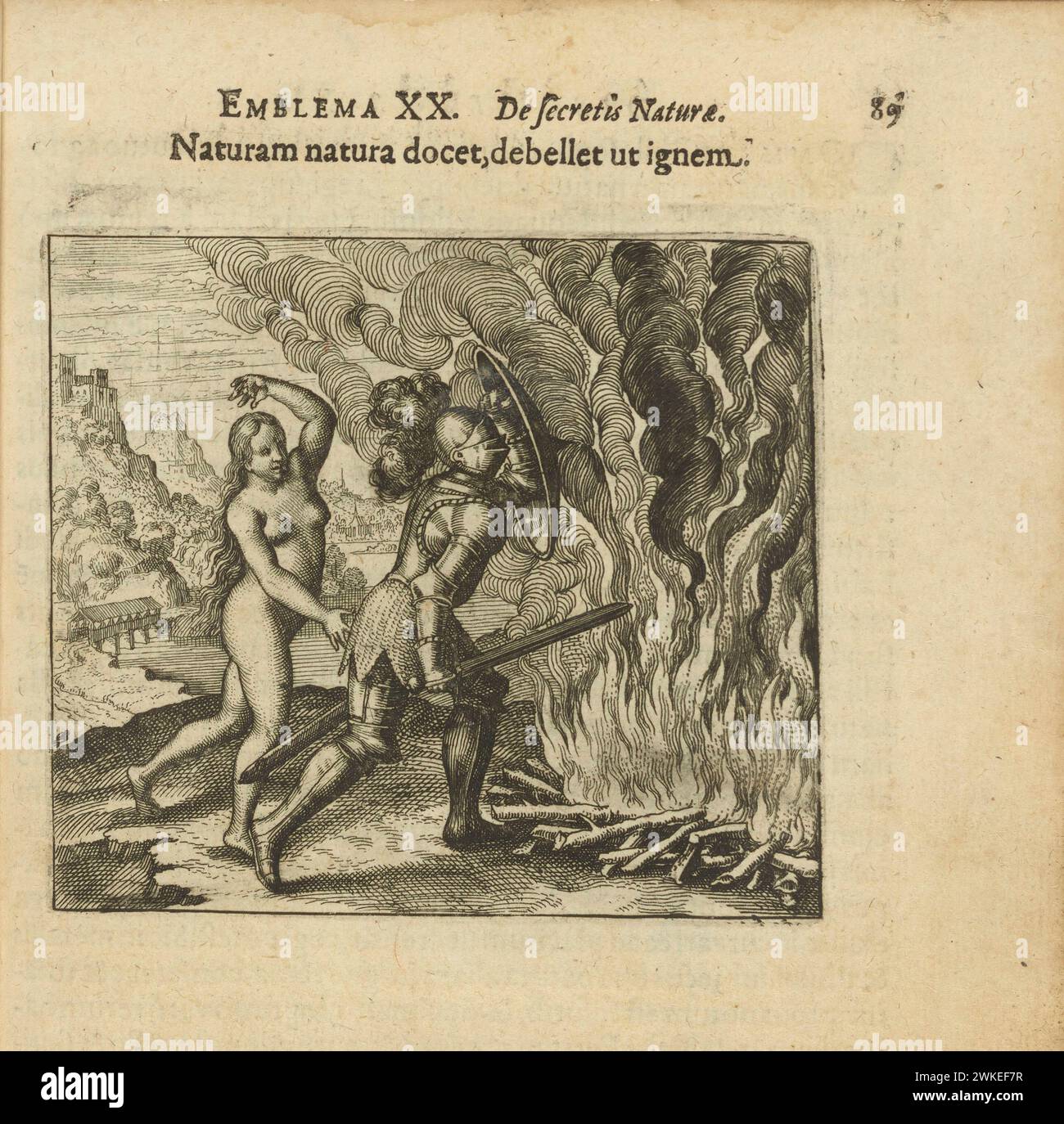 Emblem 20. Die Natur lehrt die Natur das Feuer zu überwinden. Aus 'Atalanta fugiens' von Michael Maier. Museum: Privatsammlung. Author: MATTHÄUS der Ältere MERIAN. Stock Photo