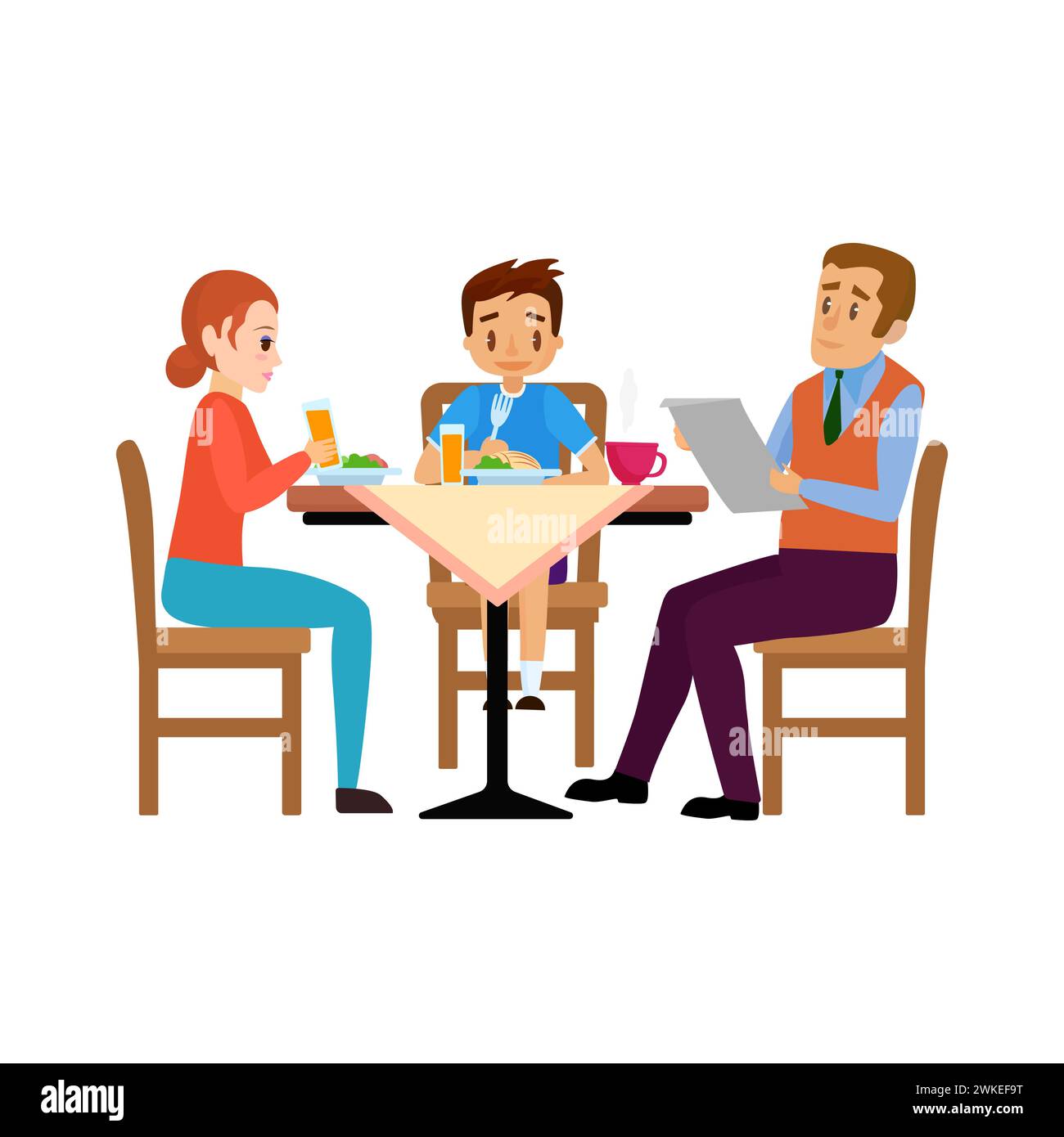 Happy family sitting at wooden table to eat lunch or dinner together
