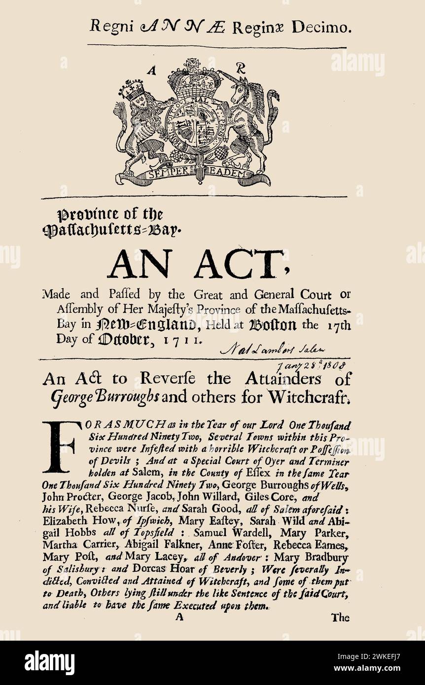 Regni Annae Reginae decimo. The 1711 act of the Massachusetts legislature to reverse the Salem witchcraft convictions. Museum: PRIVATE COLLECTION. Author: Historic Object. Stock Photo