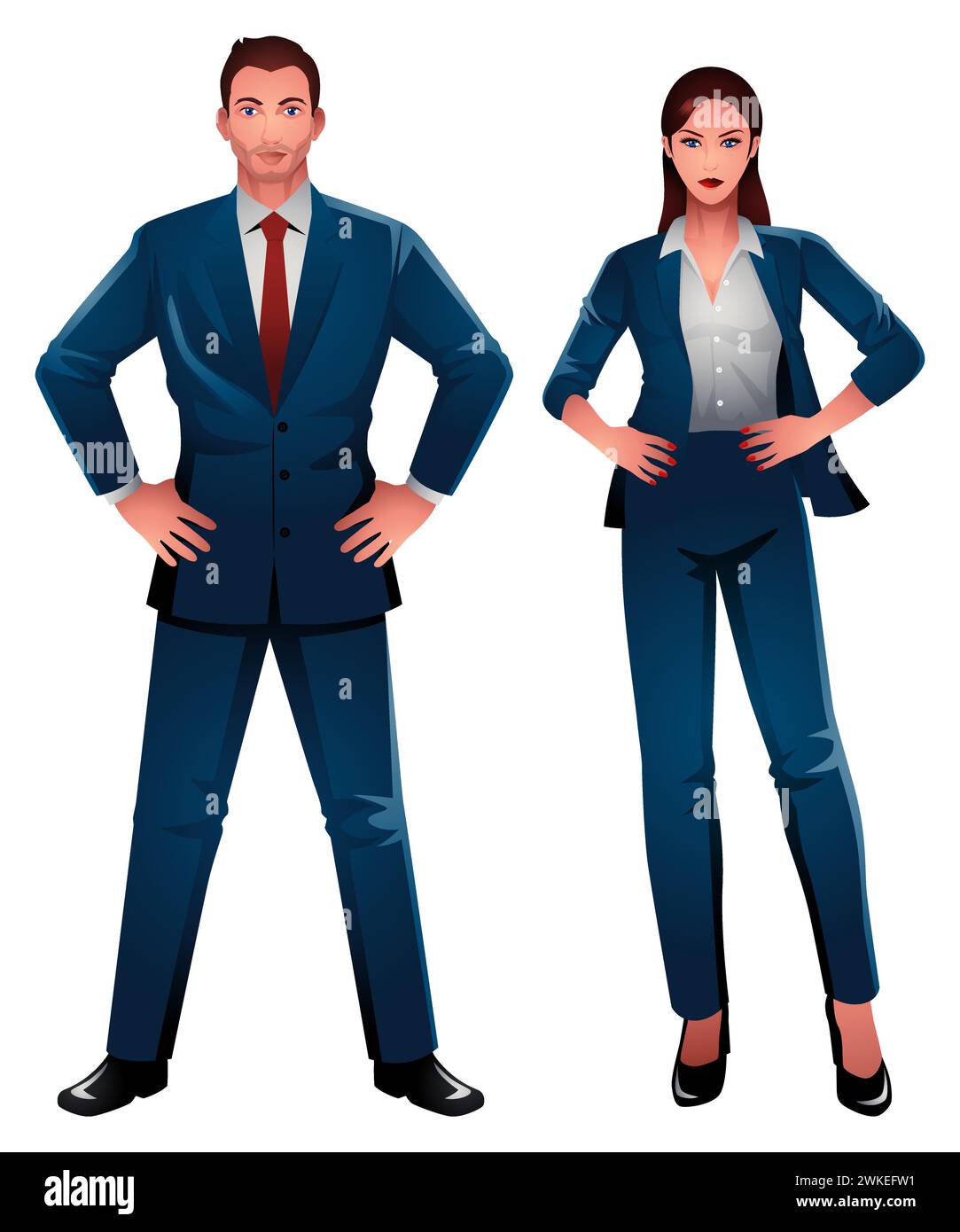 Well dressed businessman and businesswoman standing proudly with hands