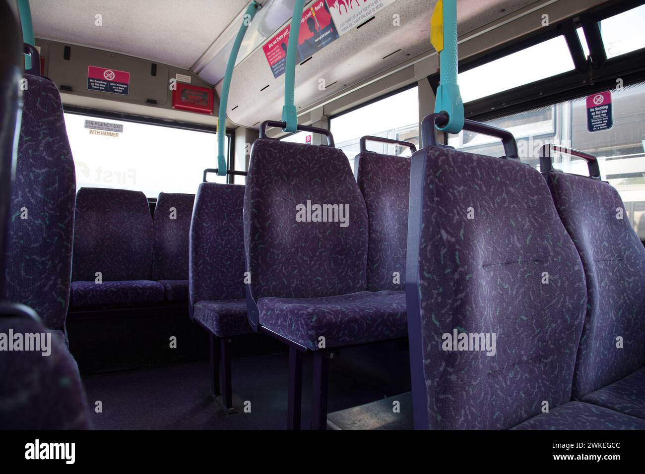A First Cymru Bus in Port Talbot Bus Station, with no passengers on board. Stock Photo