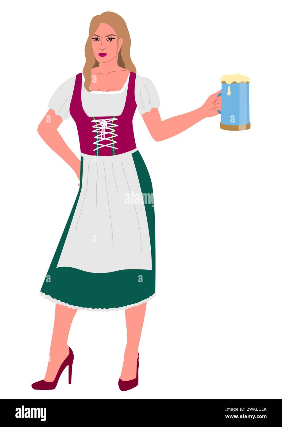 Get into the Oktoberfest spirit with this illustration. Lovely woman in traditional Bavarian dress, holding a beer glass. Perfect for your projects wi Stock Vector