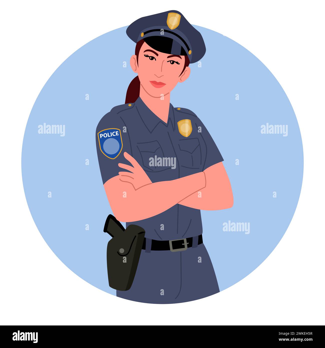 Clip art featuring a police woman with folded hands, perfect for police department materials, security presentations, and community safety campaigns Stock Vector