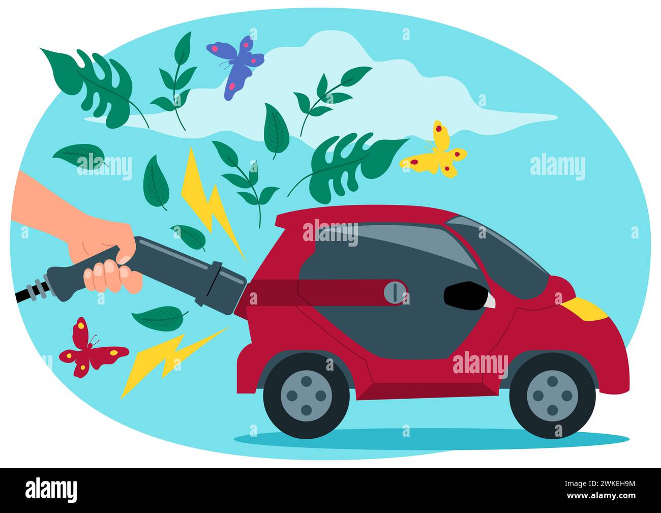 Hand charging an electric car, leaves and butterflies emerge from the cars exhaust, idea of sustainable transportation. Green energy, eco friendly and Stock Vector