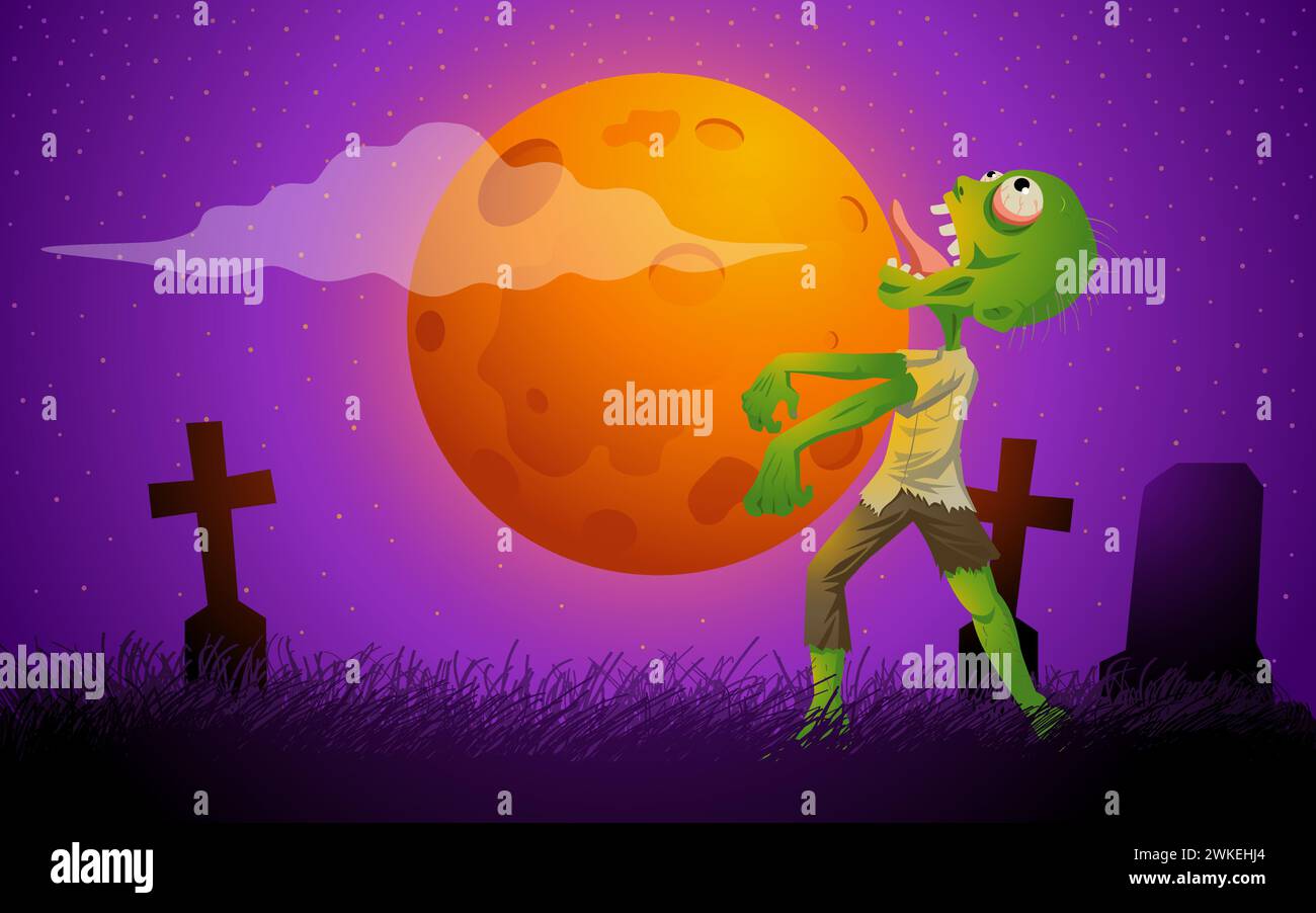 Playful cartoon illustration of a zombie strolling through a cemetery on a full moon night, perfect for Halloween-themed content, children's books, an Stock Vector