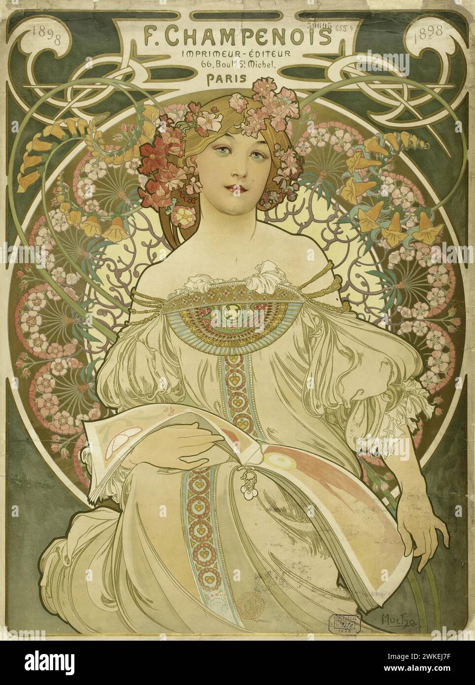 F. Champenois Imprimeur-Editeur. Museum: PRIVATE COLLECTION. Author: Alfons Marie Mucha. Stock Photo