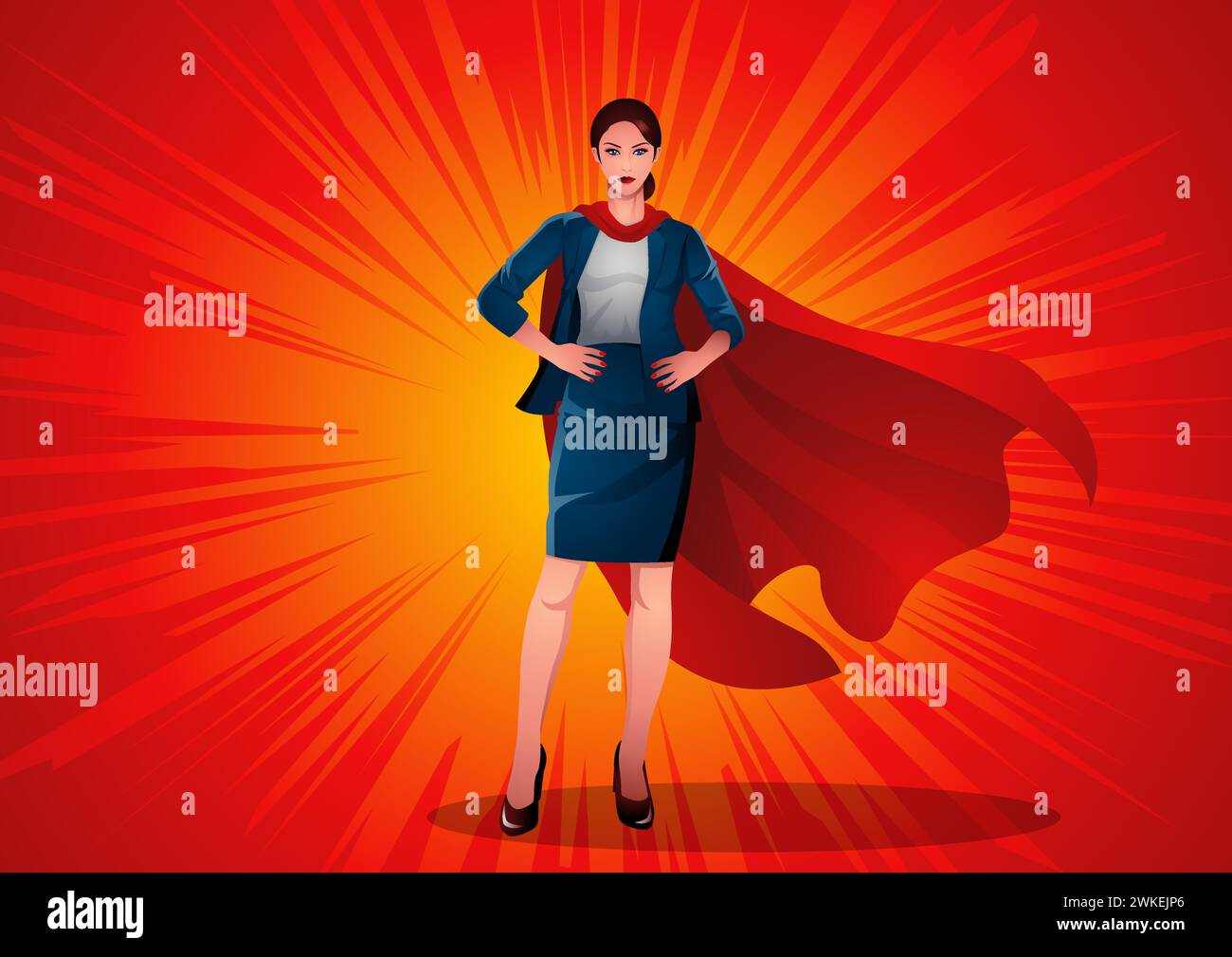 Illustration of a businesswoman posing as a superhero, exuding confidence and leadership. Symbolizing professional excellence, ambition, innovation, a Stock Vector