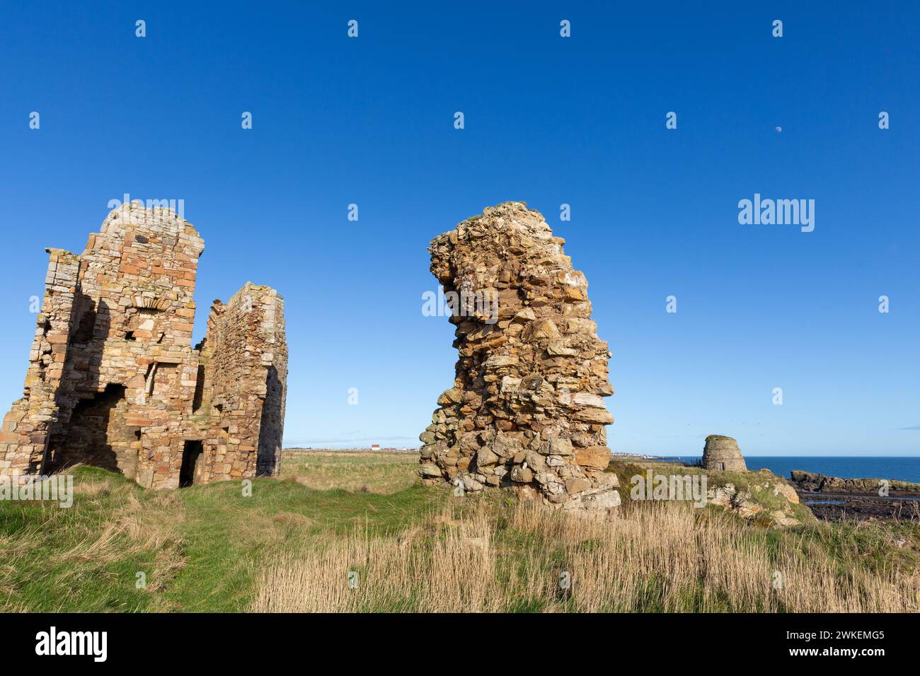 The ruined remains of Newark Castle on the Fife Coastal Path near St Monans Fife Scotland Stock Photo