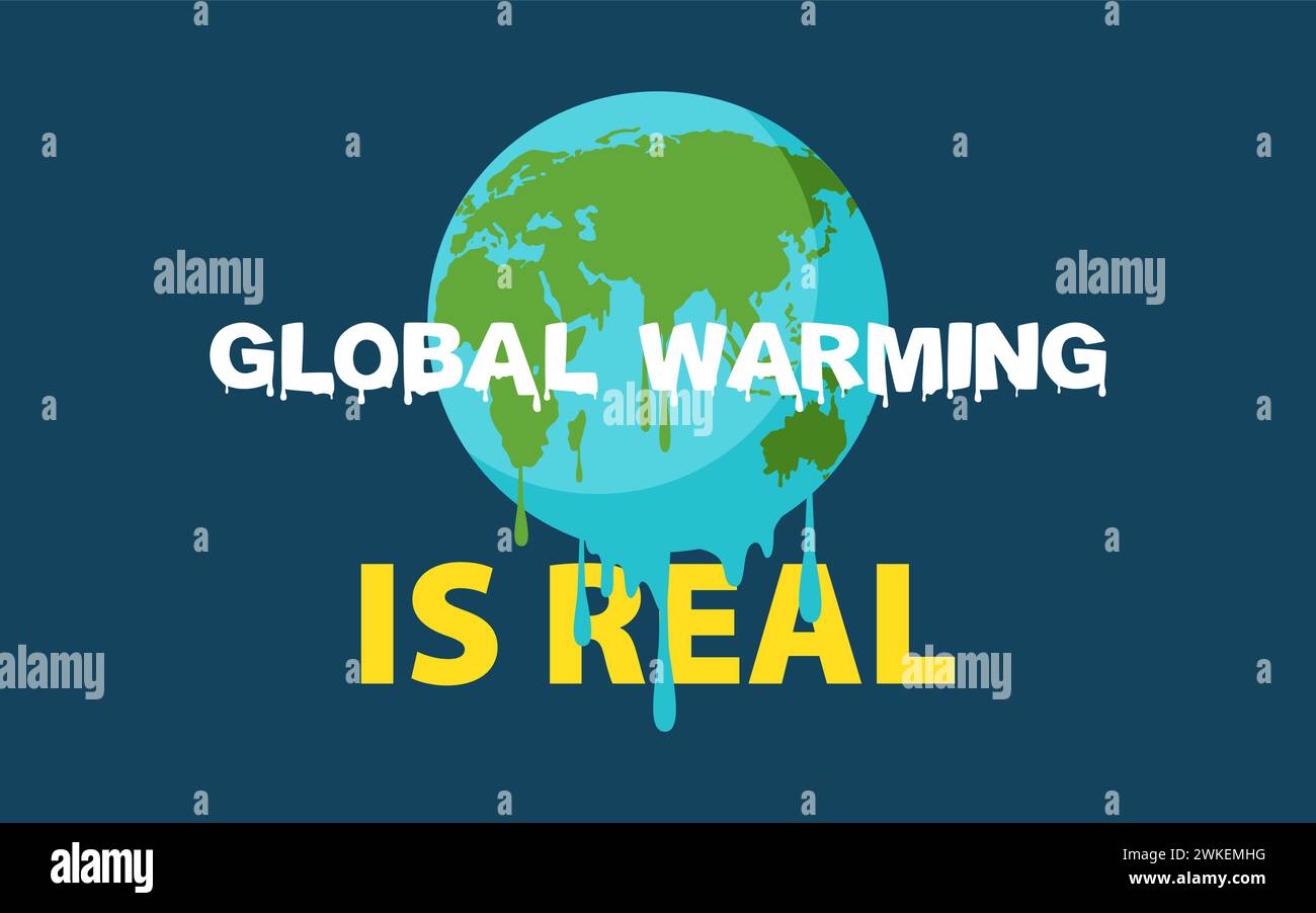 This illustration shows a melting Earth with the impactful message Global Warming Is Real. It's perfect for urgent environmental campaigns and thought Stock Vector