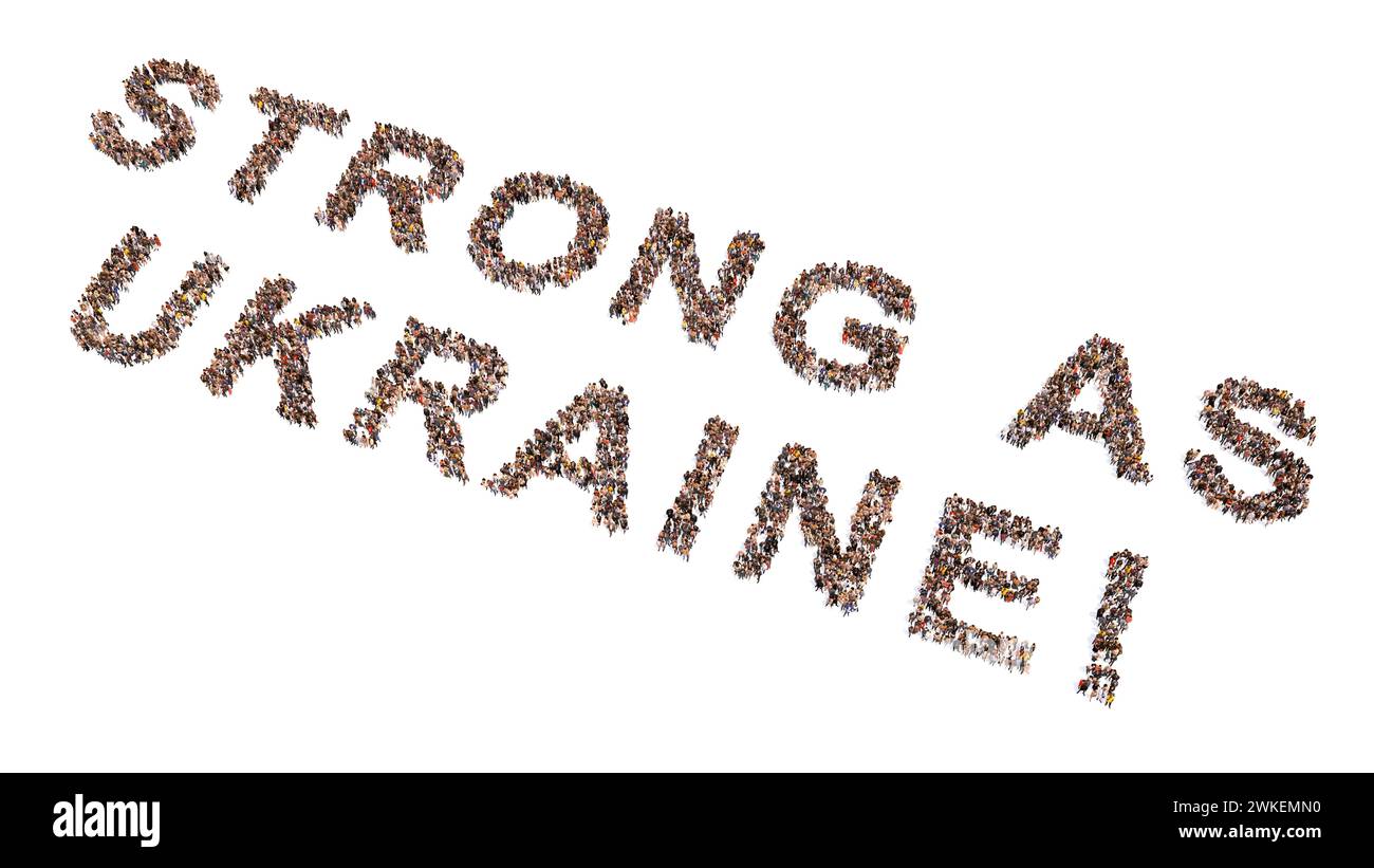 Conceptual community of people forming the STRONG AS UKRAINE message. 3d illustration metaphor for strength, resilience, patriotism,  determination Stock Photo
