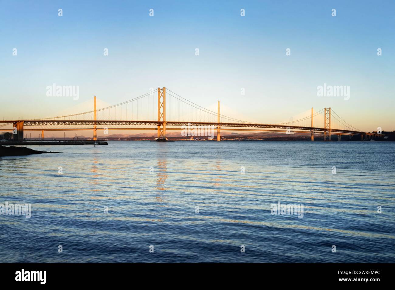 UK, Scotland, Forth Road Bridge and Queensferry Crossing over the Firth of Forth. Stock Photo