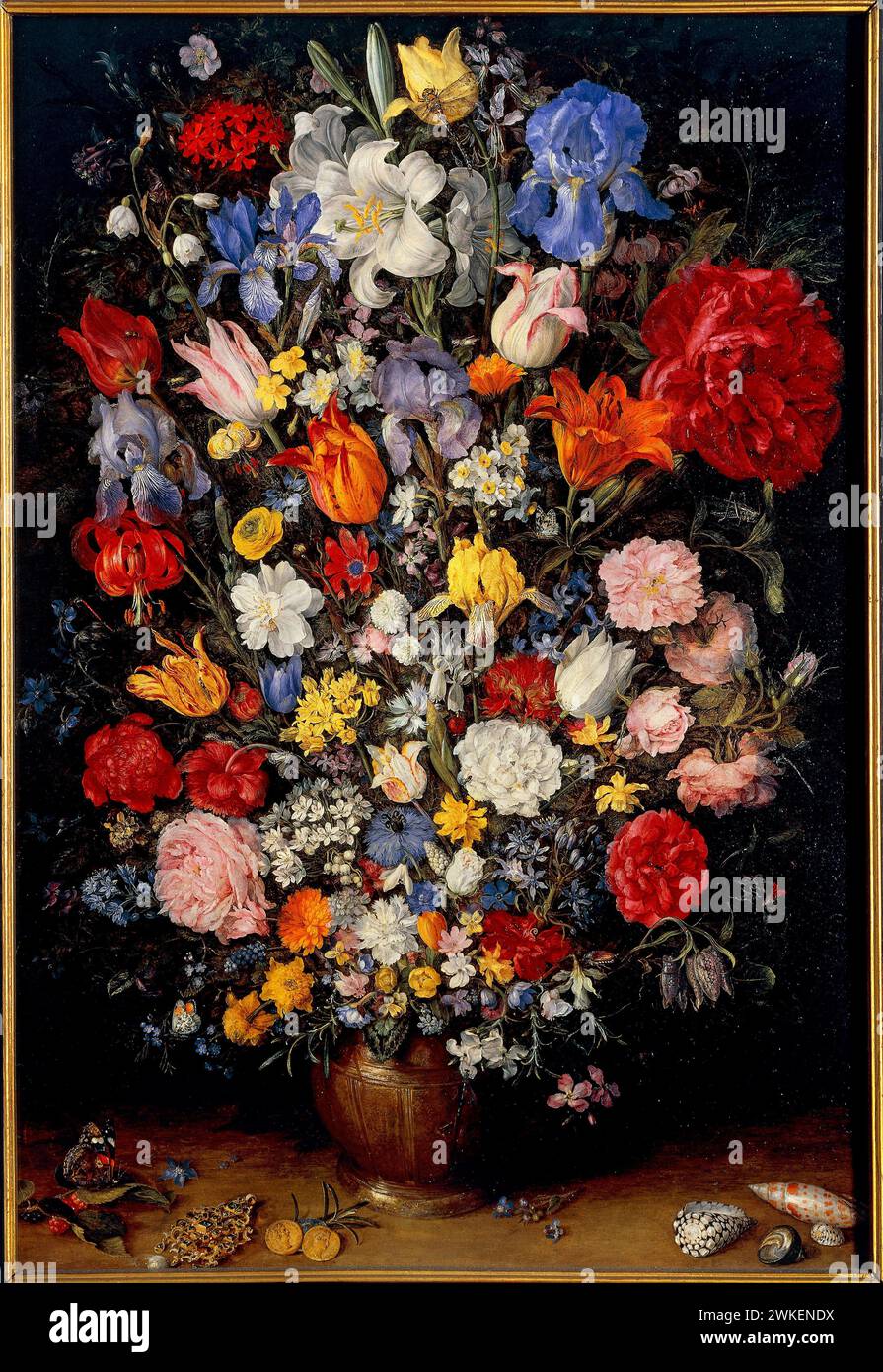 Blumenstrauss mit Juwelen, Münzen und Muscheln. Museum: Pinacoteca Ambrosiana, Mailand. Author: JAN Brueghel der Jüngere. Stock Photo