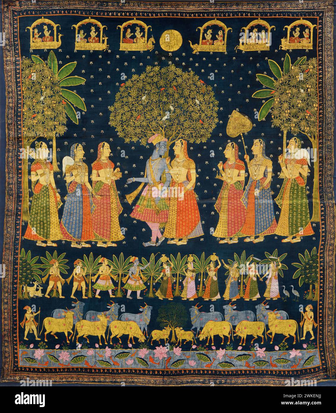Radha Krishna und die Gopis (Pichwai-Malerei). Museum: Privatsammlung. Author: INDISCHE KUNST. Stock Photo
