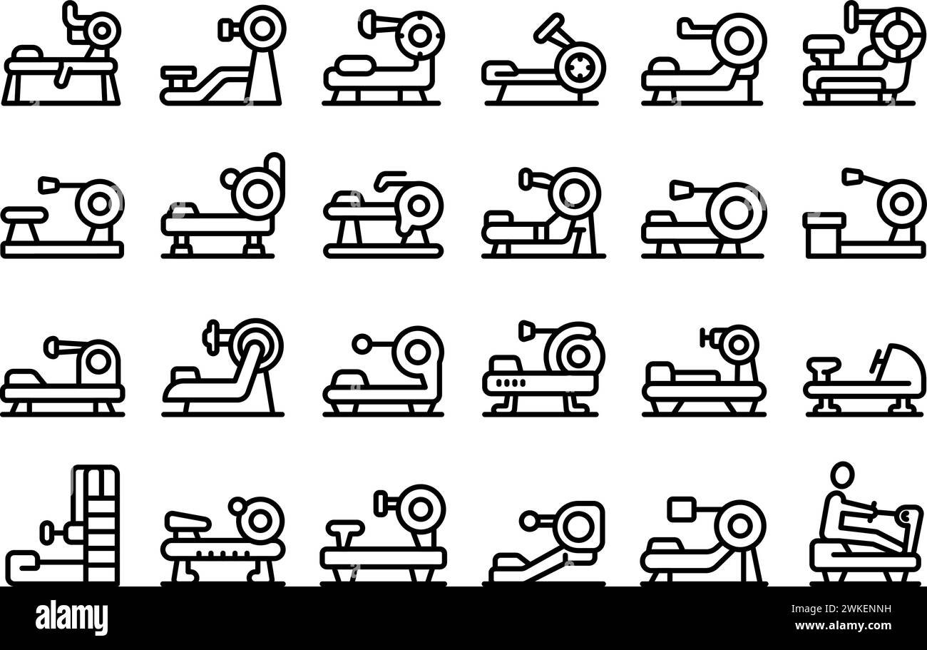 Rowing machine icons set outline vector. Exercise active gym. Workout fitness Stock Vector