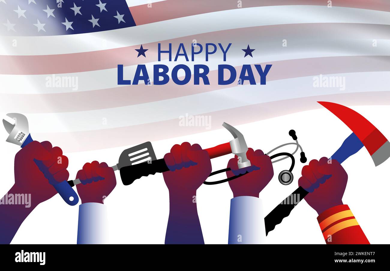 Hands holding equipment and tools represent various occupations, for America Labor Day poster or greeting card template, vector illustration Stock Vector