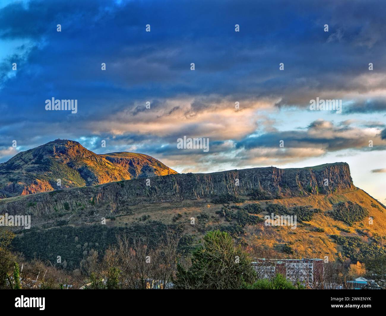 UK, Scotland, Edinburgh, Arthurs Seat and Salisbury Crags from Calton Hill. Stock Photo