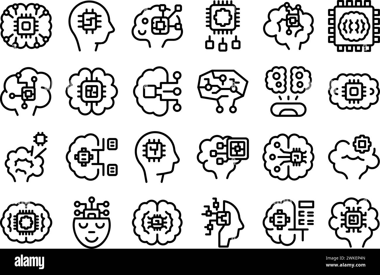 Brain implant icons set outline vector. Nerve device. Science future medical Stock Vector