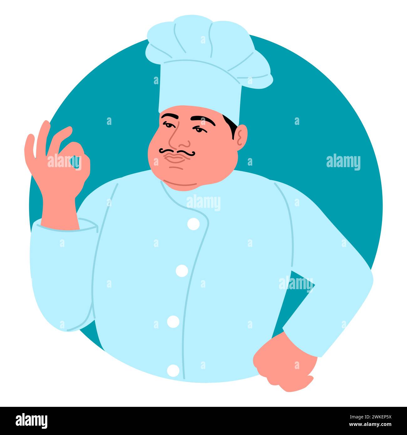Clip art of a chef making a perfect hand gesture, ideal for restaurant menus, cooking blogs, and food-related designs. Chefs gesture symbolize culinar Stock Vector