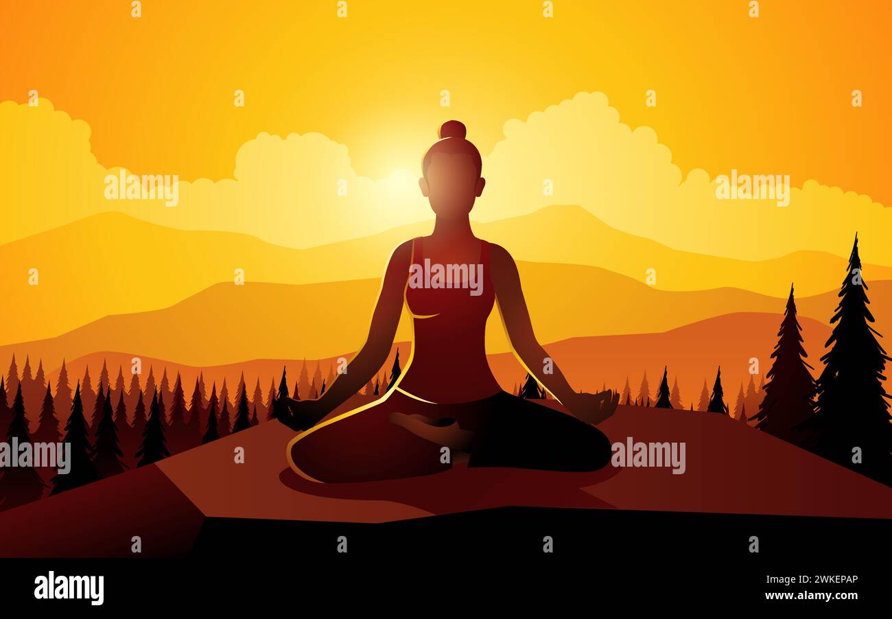 Silhouette of a woman doing yoga on mountain peak, vector illustration Stock Vector