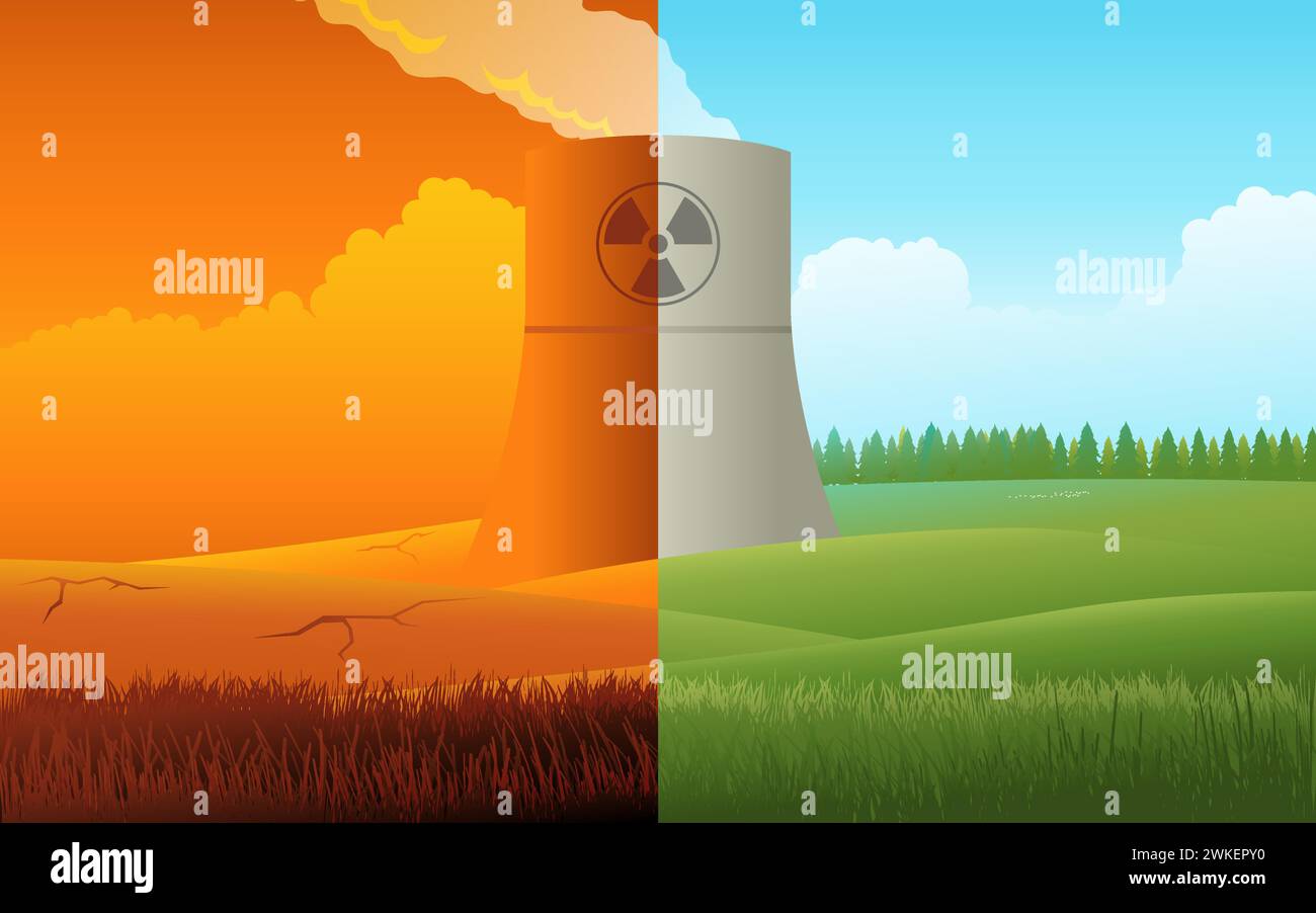 Environmental duality of nuclear power plant. On the left, barren land represents habitat disruption from radioactive leaks. On the right, lush green Stock Vector
